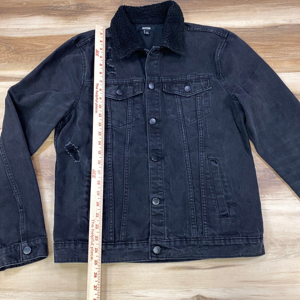 Jackson‎ Denim Jacket Women M Distressed Borg Collar Cotton Blend Trucker Black - Picture 4 of 11